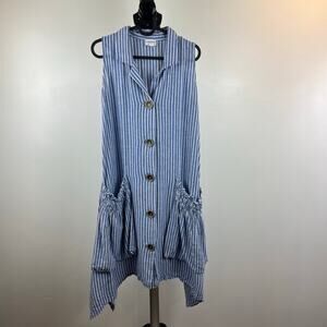 Forcynthia Pin Stripe Sleeveless Knee Length Linen Blue White Dress Medium /